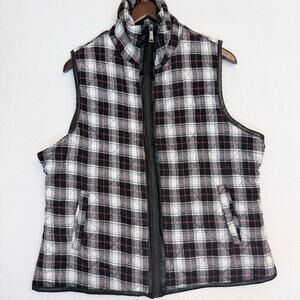 OBEY Womens L Plaid Quilted Vest Black White Red Faux Leather Trim Fall